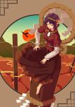  1girl absurdres autumn autumn_leaves barefoot bell bird blue_sky brown_skirt chinese_commentary commentary gradient_sky hair_ornament hands_on_own_legs highres layered_clothes layered_sleeves leaf leaf_hair_ornament leaf_print long_skirt long_sleeves looking_at_viewer mirror mountain onbashira one_eye_closed parted_lips pillar puffy_short_sleeves puffy_sleeves purple_hair red_eyes red_shirt red_skirt revision rope shide shimenawa shirt short_hair short_over_long_sleeves short_sleeves sitting skirt sky solo tassel touhou tree tuck_(tuck23978434) yasaka_kanako 