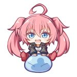  1girl :d ahoge black_jacket blue_eyes blush breasts chibi commentary_request cropped_jacket fang hair_between_eyes highres jacket kuena long_hair long_sleeves medium_breasts milim_nava pink_hair pink_shoes puffy_long_sleeves puffy_sleeves rimuru_tempest_(slime) shoes simple_background slime_(creature) smile tensei_shitara_slime_datta_ken twintails v-shaped_eyebrows very_long_hair white_background 
