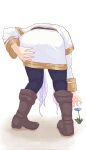  1girl ass bent_over black_pants blue_flower boots brown_boots capelet commentary_request flower frieren from_behind grey_hair hand_on_own_ass highres jacket kaneko_ryou long_hair long_sleeves pants picking_flowers solo sousou_no_frieren white_capelet white_jacket 