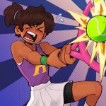  >_< 1girl amphibia anne_boonchuy ball byubiyubi open_mouth playing_sports ponytail purple_tank_top racket skirt tank_top teeth tennis tennis_ball tennis_racket white_skirt 