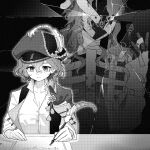  1boy 1girl aleph_(reverse:1999) black_background breasts cleavage collared_shirt commentary_request covered_face crack cracked_mask dice gloves greyscale hand_up hat highres holding holding_quill jiedu_(gedoku_1) looking_down mole mole_under_eye monochrome newsboy_cap open_clothes open_vest paper polyhedral_dice quill recoleta_(reverse:1999) reverse:1999 shirt short_hair upper_body vest writing 