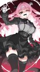  1girl animal_ears asymmetrical_horns backward-facing_horns bell_bow black_bow black_bowtie black_eyes black_mouth black_saliva black_tail black_thighhighs bow bowtie breasts colored_saliva commentary_request cross femme_soule fingernail_gloves gloves goat_ears goat_horns hair_intakes heterochromia highres horns inverted_cross large_breasts liquid_from_mouth long_hair long_sleeves looking_at_viewer mismatched_horns open_mouth pink_eyes pink_hair pukey_goddess_shot_trick solo tail thighhighs umou_(may65879) 