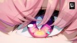  1girl absurdres asymmetrical_bangs black_hood blunt_bangs bright_pupils chinese_commentary close-up eye_focus eyelashes highres looking_at_viewer multicolored_eyes official_art official_wallpaper pink_eyes pink_hair purple_eyes remielle_dan solo white_pupils zenless_zone_zero 