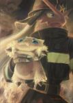  belt black_hat black_jacket blaziken blue_eyes bug clothed_pokemon colored_sclera commentary_request firefighter firefighter_helmet firefighter_jacket furry hat highres holding holding_pokemon jacket joltik long_sleeves looking_to_the_side pokeaka5555 pokemon pokemon_(creature) pokemon_focus smoke upper_body yellow_sclera 