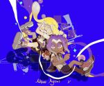  .52_gal_(splatoon) 1boy 1girl :> agent_3_(splatoon_3) arm_at_side arm_up asymmetrical_hair bike_shorts blonde_hair blue_background braid character_name closed_mouth commentary_request cross-laced_shoes crossed_arms dark-skinned_male dark_skin drop_shadow english_text eye_contact eyebrow_cut fang floating hair_tie happy headphones highres inkling inkling_girl inkling_player_character invisible_chair legs_up long_hair looking_at_another looking_to_the_side looking_up midriff multicolored_shoes octoling octoling_boy octoling_player_character open_mouth paozi_haox pointy_ears purple_hair red_eyes red_shoes romaji_commentary shirt shoe_soles shoes short_hair short_sleeves sideways_glance single_braid sitting smallfry_(splatoon) smile sneakers splatoon_(series) splatoon_3 suction_cups tentacle_hair tentacles torn_clothes torn_shirt tri-stringer_(splatoon) white_shirt 
