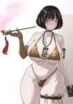  1girl armband bikini black_choker black_eyes black_hair blush breasts bursting_breasts choker closed_mouth collarbone commentary condom condom_belt condom_thigh_strap cowboy_shot gold_bikini green_armband grey_eyes highleg highleg_bikini highres holding holding_smoking_pipe huge_breasts id_card kiseru lanyard limbus_company mechanical_arms moses_(project_moon) multicolored_hair navel project_moon prosthesis prosthetic_arm short_hair simple_background single_mechanical_arm skindentation smoking_pipe solo standing streaked_hair sweat swimsuit tassel the_distortion_detective thick_thighs thigh_strap thighs used_condom waste22 white_background white_streaks 
