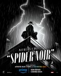  1boy bodysuit coat highres hood hooded_bodysuit male_focus marvel mask monochrome outdoors poster_parody ricojrcrea solo spider-man_(series) spider-man_noir spider-verse superhero_costume title trench_coat 