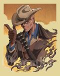  1boy absurdres artist_name bandolier belt brown_gloves bullet cheekbones cowboy_hat cropped_torso fallout fallout_(prime_video) ghoul_(fallout) gloves hat highres male_focus missing_nose otagothic smile solo the_ghoul_(fallout_tv_series) tilted_headwear upper_body watermark 