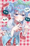  1girl blue_eyes blue_hair blue_jacket blush bow bowtie cherry cherry_pop_(vocaloid) chibi chibi_inset clothes_around_waist collared_shirt commentary cowboy_shot dot_nose double_bun food four-finger_heart_hands fruit gingham_background gingham_bow gingham_bowtie gingham_clothes gingham_skirt green_hairband hair_bun hair_ornament hairband hairclip hands_up hatsune_miku heart heart_hair_ornament heart_hands heart_in_eye highres jacket jacket_around_waist leaning_forward looking_at_viewer mouth_hold multicolored_hair nail_polish neu_427 outline red_nails red_streaks shirt short_hair sidelocks skirt sleeves_rolled_up speech_bubble streaked_hair symbol_in_eye translation_request vocaloid white_outline white_shirt 