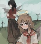  2girls 44insects angel_wings black_hair blush brown_eyes brown_hair brown_skirt cigarette haibane_renmei halo long_skirt looking_at_viewer multiple_girls rakka_(haibane_renmei) red_sailor_collar red_sweater reki_(haibane_renmei) sailor_collar shirt sketch skirt sky sweater traditional_halo white_shirt wind_turbine wings 