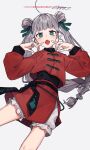  1girl 2025 ahoge black_shirt bloomers bright_pupils chinese_clothes choppy_bangs commentary_request copyright_notice cowboy_shot dated dynamic_pose extra_pupils fang fangs fingers_to_cheeks green_eyes green_ribbon grey_hair hair_ribbon highres jacket jitome looking_at_viewer mandarin_collar mogayama open_mouth original pankou qr_code red_jacket red_skirt ribbon shirt side_slit signature simple_background skin_fang skirt solo toggles tongue tongue_out tsurime twintails twintails_with_hair_base white_background white_bloomers white_pupils 