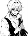  1boy belt belt_collar buttons choker collar collarbone collared_shirt commentary earrings genshin_impact gloves greyscale grin hair_between_eyes hair_intakes highres jewelry lapels lohen_(genshin_impact) lohen_(standardized_test)_(genshin_impact) looking_at_viewer male_focus mole mole_under_eye monochrome official_alternate_costume open_collar pinstripe_pattern pinstripe_vest plata_0514 shirt short_hair single_earring smile solo twitter_username upper_body vest waistcoat white_background 