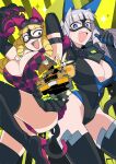  2boys 2girls animal_ears animal_hands black_boots black_gloves black_leotard black_mask blonde_hair blue_eyes boots breasts brown_coat car cat_ears cat_paws cat_tail catsuit cleavage coat commentary_request crossover domino_mask dr._sebastian drill_hair drill_sidelocks elbow_gloves eye_mask fake_animal_ears fake_tail fang fujido_oriko furrowed_brow giant_ojou-sama gloves goggles goggles_on_head grey_hair high_heel_boots high_heels highres kaneda_mochiko large_breasts leotard long_hair looking_at_viewer mask motor_vehicle mount_celeb_kaneda-san multiple_boys multiple_girls nikukaiq official_art open_mouth partially_unzipped paw_gloves respirator sidelocks skirt tail thigh_boots trench_coat 