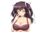  1girl ^_^ aomi_riru black_hair blush breasts closed_eyes closed_mouth game_asset hair_between_eyes hair_ribbon hand_on_own_face hand_up kogure_miori large_breasts large_variant_set long_hair non-web_source official_art ribbon self-datamine sidelocks simple_background smile solo standing tachi-e transparent_background two_side_up upper_body variant_set white_ribbon yumemi_ga_cheek! 