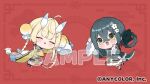  2girls :d ahoge black_skirt blonde_hair blue_horns bow braid braided_hair_rings bun_cover chibi chibi_only chinese_clothes closed_eyes cloud_print commentary_request cropped_jacket double_bun dress egasumi floral_print flower_hairclip flower_tassel frilled_sleeves frills gradient_clothes gradient_dress green_bow green_dress green_eyes green_ribbon hair_between_eyes hair_bun hair_ornament hair_ribbon hair_rings hairclip hood hooded_jacket horns jacket kadou_mikaru layered_dress layered_sleeves lightning_bolt_hair_ornament lightning_bolt_symbol lizard_tail lolita_fashion long_hair long_sleeves low_twin_braids mandarin_collar mochida_touri multicolored_horns multiple_girls multiple_hairclips nijisanji official_art pankou parallel_hairclips pencil_skirt qi_lolita red_dress ribbon salamander_girl shanghai_neckline sidelocks single_thighhigh skirt sleeves_past_wrists smile snail_girl socks tail tangzhuang tassel thighhighs togawa_nonoha twin_braids two-tone_horns white_horns white_socks white_thighhighs white_trim xiangyun yellow_jacket yi_er_fan_club_(vocaloid) 