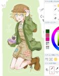  1boy adjusting_clothes adjusting_headwear art_program_in_frame basil_(birthday)_(omori) basil_(faraway)_(omori) basil_(omori) blonde_hair blue_eyes blush boots brown_boots brown_hat brown_overalls camera cardigan collared_shirt commentary_request dated double-parted_bangs green_cardigan hair_between_eyes hat holding holding_camera long_sleeves looking_at_viewer newsboy_cap official_alternate_costume omori open_mouth overall_shorts overalls sano_gameya shirt short_hair sketch smile solo white_shirt 