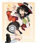  1boy ankle_socks aranako_hernandez arutea25 asymmetrical_sidelocks black_cape black_hair black_hat black_shoes black_skirt book border bow cape censored collared_shirt commentary cosplay dated english_commentary full_body hair_bow hair_ribbon hat hat_bow highres holding holding_book long_sleeves looking_at_viewer medium_hair necktie open_mouth original red_cape red_hat red_necktie ribbon ribbon-trimmed_skirt ribbon_trim saturn_(planet) shirt shirt_tucked_in shoes sidelocks skirt socks solo star_(symbol) touhou twitter_username two-sided_cape two-sided_fabric two-tone_hat usami_renko usami_renko_(cosplay) white_border white_bow white_shirt white_socks yellow_background yellow_eyes 