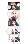 ...? 1boy 1girl absurdres ahoge angel angel_wings arrow_(symbol) black_hair black_scarf black_wings blonde_hair commentary_request dark_pit flower green_eyes hair_flower hair_ornament highres kid_icarus kid_icarus_uprising laurel_crown looking_at_another nemu_(ut_kakinotane) open_mouth red_eyes scarf translation_request viridi wings 