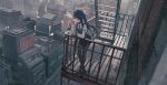  1girl absurdres against_railing balcony bartender black_pantyhose black_shoes black_skirt black_vest brick_wall building cigarette city cityscape collared_shirt commentary crossed_legs dawder english_commentary fire_escape from_above full_body high_heels highres holding holding_cigarette jill_stingray juliet_sleeves long_hair long_sleeves looking_at_viewer miniskirt necktie pantyhose pencil_skirt puffy_sleeves purple_hair railing red_eyes red_necktie scenery shirt shoes skirt smoke_from_mouth smoking solo twintails va-11_hall-a vest waistcoat white_shirt 