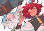  2girls :3 ahoge asticassia_school_uniform closed_mouth commentary_request grey_eyes grey_hair gundam gundam_suisei_no_majo hair_between_eyes hand_up long_hair long_sleeves lying miorine_rembran multiple_girls on_back pinky_swear red_hair rotational_symmetry school_uniform shoulder_boards smile suletta_mercury tanutotomato thick_eyebrows upper_body upside-down white_background 