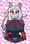  1girl alternate_breast_size_(larger) animal_ears arm_garter belt black_necktie black_vest breasts buckle cerberus_(helltaker) checkered_background closed_mouth collared_shirt commentary cropped_legs demon_girl dog_ears dog_girl english_commentary heart heart_background helltaker highres horns huge_breasts necktie parallaxfused parted_bangs pink_background red_eyes red_shirt shirt smile solo upper_body vanripper_(style) vest waistcoat white_horns white_shirt 
