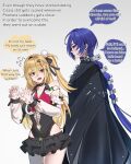  2girls absurdres bare_shoulders black_cloak black_skirt blonde_hair blue_hair breasts chalky_(zenless_zone_zero) cissia_(zenless_zone_zero) cloak closed_mouth colored_speech_bubble commentary crescent crescent_earrings detached_sleeves earrings english_commentary english_text fangs flying_sweatdrops grey_background hair_between_eyes hair_ornament hairclip highres jewelry large_breasts long_hair looking_at_another metal_wrist_cuffs miniskirt multiple_girls open_mouth paid_reward_available pink_nails pom_pom_(clothes) pom_pom_hair_ornament promeia_(zenless_zone_zero) purple_eyes red_eyes redtomaat skirt snake speech_bubble underboob very_long_hair white_snake zenless_zone_zero 