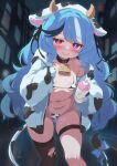  1girl absurdres animal_ear_hairband animal_ears animal_print baby_bottle bell belt bikini black_collar black_hair black_ribbon black_thighhighs blue_bow blue_hair blush bottle bow breasts city closed_mouth collar commentary_request commission cow_ears cow_horns cow_print cow_print_bikini cow_print_gloves cow_print_jacket cow_tail cowbell fake_animal_ears fake_horns feet_out_of_frame gloves hair_ribbon hairband highleg highleg_bikini highres holding holding_bottle hood hood_down hooded_jacket horns indie_virtual_youtuber jacket leaning_forward long_hair long_sleeves looking_at_viewer micro_bikini multicolored_hair navel neck_bell night open_clothes open_jacket outdoors pink_eyes print_bikini print_gloves print_jacket psd_available ribbon single_thighhigh skeb_commission skindentation sky small_breasts smile solo standing star_(sky) starry_sky streaked_hair string_bikini sweat swimsuit tail tail_bow tail_ornament thigh_belt thigh_strap thighhighs torn_clothes torn_thighhighs virtual_youtuber wavy_hair white_gloves white_hair zenya_hima zusshii_(libertasgenesis) 