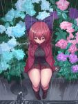  1girl black_shirt blue_flower boots bow breasts brown_boots cloak commentary_request flower hair_bow highres hydrangea large_breasts long_sleeves pink_flower purple_bow purple_flower rain red_cloak red_eyes red_hair red_skirt ribbon-trimmed_bow ribbon_trim sekibanki sekibanki_day shirt sitting skirt solo thighs touhou twitter_username wet wet_clothes wet_shirt yuzu5p4 