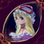  1girl choker dress expressionless frills from_side gap_(touhou) hair_between_eyes hat hat_ribbon highres long_hair looking_at_viewer mob_cap omaega_chan portrait purple_background purple_dress purple_eyes red_choker ribbon solo touhou yakumo_yukari 