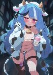  1girl absurdres animal_ear_hairband animal_ears animal_print baby_bottle bell belt bikini black_collar black_hair black_ribbon black_thighhighs blue_bow blue_hair blush bottle bow breasts city closed_mouth collar commentary_request commission cow_ears cow_horns cow_print cow_print_bikini cow_print_gloves cow_print_jacket cow_tail cowbell fake_animal_ears fake_horns feet_out_of_frame gloves hair_ribbon hairband highleg highleg_bikini highres holding holding_bottle hood hood_down hooded_jacket horns indie_virtual_youtuber jacket leaning_forward long_hair long_sleeves looking_at_viewer micro_bikini multicolored_hair navel neck_bell night open_clothes open_jacket outdoors pink_eyes print_bikini print_gloves print_jacket psd_available remote_control_vibrator ribbon sex_toy single_thighhigh skeb_commission skindentation sky small_breasts smile solo standing star_(sky) starry_sky streaked_hair string_bikini sweat swimsuit tail tail_bow tail_ornament thigh_belt thigh_strap thighhighs torn_clothes torn_thighhighs vibrator vibrator_cord vibrator_under_clothes virtual_youtuber wavy_hair white_gloves white_hair zenya_hima zusshii_(libertasgenesis) 