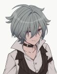  1boy ahoge belt belt_collar black_belt buttons choker collar collarbone collared_shirt commentary_request earrings egg710yummy genshin_impact green_hair hair_between_eyes hair_intakes highres jewelry lapels lohen_(genshin_impact) lohen_(standardized_test)_(genshin_impact) looking_at_viewer male_focus mole mole_under_eye multicolored_eyes official_alternate_costume open_collar pinstripe_pattern pinstripe_vest shirt short_hair single_earring smile solo upper_body vest waistcoat white_background white_shirt 