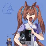  1boy 1girl anger_vein animal_ears blue_background box brown_hair closed_eyes commentary_request daiwa_scarlet_(umamusume) english_commentary fang holding holding_box horse_ears horse_girl open_mouth skin_fang sleepcatz tiara toy_robot trainer_(umamusume) twintails umamusume upper_body 