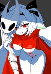  1girl absurdres breasts cosplay flowire_raister hair_between_eyes headband highres hollow_knight hollow_knight:_silksong hornet_(hollow_knight) hornet_(hollow_knight)_(cosplay) hourglass lilith_(the_noexistencen_of_you_and_me) mask nipples no_bra no_panties red_eyes sword the_noexistencen_of_you_and_me weapon white_hair 