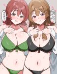  2girls absurdres bikini black_bikini blush breasts brown_hair cleavage closed_mouth commentary_request emma_verde fingernails green_bikini green_eyes grey_background highres konoe_kanata large_breasts long_hair looking_at_viewer love_live! love_live!_nijigasaki_high_school_idol_club mole multiple_girls nail_polish navel open_mouth pink_nails purple_eyes simple_background smile speech_bubble stomach sunya_(honorin-yuunibo) sweat swimsuit translation_request 