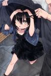  1boy 1girl black_choker black_dress black_hair blue_jacket blush breasts choker collarbone commentary_request dress hair_between_eyes highres jacket natsuki_(null) null_(nyanpyoun) open_mouth original outdoors rain short_hair small_breasts solo_focus wet wet_clothes wet_hair yellow_eyes 