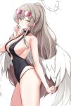  1girl asya aviator_sunglasses blue_archive breasts brown_hair cleavage commentary_request eyewear_on_head feathered_wings grey_halo halo highres large_breasts light_blush long_hair nagisa_(blue_archive) nagisa_(swimsuit)_(blue_archive) official_alternate_costume pink-tinted_eyewear ponytail simple_background solo sunglasses tinted_eyewear white_background white_wings wings yellow-framed_eyewear yellow_eyes 
