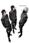  3boys brown_hair flak_jacket forehead_protector full_body green_jacket hands_in_pockets hatake_kakashi highres jacket konohagakure_shinobi_uniform konohagakure_symbol male_focus multiple_boys namiashi_raidou naruto_(series) open_mouth scar scar_on_face shiranui_genma short_hair simple_background sso_s standing toeless_legwear toenails toothpick translation_request white_background white_hair 