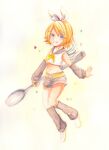  1girl :q angel_wings belt black_leg_warmers black_pants black_sailor_collar black_sleeves blonde_hair bow collared_shirt commentary_request detached_sleeves feathered_wings gouache_(medium) hair_bow hair_ornament hairclip highres holding holding_spoon kagamine_rin leg_warmers midriff navel painting_(medium) pants sailor_collar shirt shoes short_hair short_shorts shorts sleeveless sleeveless_shirt spoon star_(symbol) tongue tongue_out traditional_media treble_clef vocaloid watercolor_(medium) white_bow white_shirt white_shoes white_wings wings yasuko_ame yellow_background yellow_belt yellow_bow 