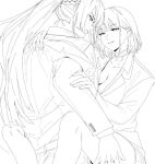  2girls ak-15_(erwin)_(girls'_frontline) ak-15_(girls'_frontline) argent_moon back breasts cleavage eye_contact girls'_frontline greyscale hand_on_another's_shoulder high_ponytail jacket looking_at_another monochrome multiple_girls open_clothes open_jacket ponytail rpk-16_(girls'_frontline) rpk-16_(renate)_(girls'_frontline) short_hair suit thighs yuri 