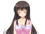  1girl :o aomi_riru black_hair blush breasts camisole cleavage closed_eyes collarbone game_asset hair_between_eyes large_breasts large_variant_set long_hair long_sidelocks mikami_juri non-web_source official_art pink_camisole polka_dot polka_dot_camisole self-datamine sidelocks simple_background solo standing tachi-e transparent_background upper_body variant_set wince yumemi_ga_cheek! 