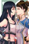  2girls absurdres akiman_pose bare_shoulders black_hair black_skirt bracelet breast_press breasts brown_eyes brown_hair china_dress chinese_clothes chun-li commentary crop_top double_bun dress earrings elbow_pads english_commentary final_fantasy final_fantasy_vii final_fantasy_vii_remake fingerless_gloves gloves hair_bun highres jewelry large_breasts long_hair midriff multiple_girls oatinum red_eyes short_hair single_arm_guard single_elbow_pad skirt smile street_fighter street_fighter_6 studded_bracelet suspender_skirt suspenders suspenders_gap tank_top teardrop_earrings tifa_lockhart white_tank_top 