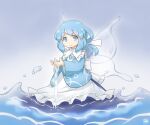  1girl apron artist_logo blue_eyes blue_hair blue_kimono blue_skirt bow capelet commentary elsie_(kitagawa_suigetsu) fairy fairy_wings frilled_apron frilled_capelet frills grey_background hair_bow japanese_clothes kimono kitagawa_suigetsu logo looking_at_viewer low_ponytail original ponytail skirt solo transparent_wings wading waist_bow water white_apron white_bow white_capelet wings 