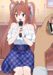  1boy 1girl :d animal_ears bare_shoulders blue_skirt brown_hair casual commentary_request daiwa_scarlet_(casual)_(umamusume) daiwa_scarlet_(umamusume) fang holding holding_microphone holding_phone horse_ears horse_girl long_hair microphone off-shoulder_shirt off_shoulder open_mouth phone red_eyes shibasaki_shouji shirt sitting skin_fang skirt smile solo_focus tiara translation_request twintails umamusume white_shirt 