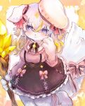 absurdres animal_ears animal_hands black_ribbon blonde_hair blue_eyes blush bow brown_bow brown_ribbon brown_skirt commentary_request embarrassed frilled_shirt frilled_skirt frills furry furry_female gradient_hair hat highres holding holding_wand kotsubu_mikan looking_at_viewer monster_musume_td multicolored_hair neck_ribbon pent_(monmusu_td) pink_bow pink_ribbon pink_shirt ribbon shirt skirt skirt_bow sweatdrop tail tail_bow tail_ornament two-tone_bow two-tone_ribbon wand white_hair white_hat yellow_background 