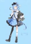  absurdres animal_ears artist_name asymmetrical_legwear bird_hat_ornament black_bow black_bowtie black_capelet black_hat black_thighhighs blue_background blue_hair blue_necktie blue_skirt blue_vest bow bowtie braid braided_hair_rings breasts capelet cat_ears cat_tail character_name checkered_clothes checkered_skirt collared_shirt commentary_request deerstalker footwear_bow hair_bow hair_rings hat hat_ribbon hat_with_ears highres holding holding_magnifying_glass kemonomimi_mode layered_skirt long_sleeves magnifying_glass mahou_shoujo_no_majo_saiban necktie one_eye_closed ribbon sanlao1207 shirt short_hair signature single_thighhigh skirt socks tachibana_sherry tail thighhighs vest white_shirt white_socks yellow_eyes 