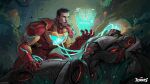  2boys arc_reactor armor black_facial_hair black_hair blue_eyes cable commentary copyright_logo copyright_name english_commentary facial_hair headless holographic_touchscreen iron_man iron_man_(series) logo lying male_focus marvel marvel_rivals missing_headwear multicolored_armor multiple_boys official_art on_back on_one_knee patrick_ganas power_armor robot short_hair tony_stark tree ultron 