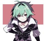  1boy ahoge belt belt_collar black_belt black_gloves border buttons choker closed_mouth collar collarbone collared_shirt commentary_request earrings fingerless_gloves genshin_impact gloves green_hair hair_between_eyes hair_intakes hand_on_own_hip highres jewelry lapels leaning_forward light_smile lohen_(genshin_impact) lohen_(standardized_test)_(genshin_impact) looking_at_viewer male_focus mole mole_under_eye multicolored_eyes ntsuhg official_alternate_costume open_collar pants pinstripe_pattern pinstripe_vest red_background shirt short_hair single_earring smile solo two-tone_background vest waistcoat white_background white_border white_pants white_shirt 