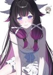  1girl alternate_costume bare_shoulders black_hair blue_eyes blush bonnet breasts brown_hair chibi chibi_inset closed_mouth collarbone colored_inner_hair columbina_(genshin_impact) commentary_request crossed_arms dress frilled_dress frills genshin_impact gradient_hair hair_flaps hair_ornament hair_tubes halation_pupils highres long_hair long_sidelocks looking_at_viewer mochi_mochi052 multicolored_hair multiple_wings purple_eyes purple_hair purple_streaks sandrone_(genshin_impact) short_hair_with_long_locks sidelocks simple_background sitting small_breasts smile solo spaghetti_strap strap_slip streaked_hair unusually_open_eyes very_long_hair white_background white_dress white_headdress white_wings wing_hair_ornament wings 