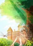  1girl :d absurdres bare_arms bare_legs bare_shoulders barefoot blue_bow blue_eyes blue_hair blue_sky blurry blurry_foreground bow brown_hat bug building butterfly_net cirno cloud collarbone commentary_request day double-parted_bangs dragonfly dress frilled_dress frills full_body grass hand_net hat hat_bow highres ice ice_wings knees_up lbcirno9 open_mouth outdoors panties pantyshot short_dress short_hair sitting sky sleeveless sleeveless_dress smile solo straw_hat sun_hat sundress touhou tree twitter_username underwear white_panties wings 