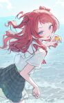  1girl beach blue_eyes blush breasts brown_hair clam_shell collared_shirt commentary_request gakuen_idolmaster hanami_saki hatsuboshi_gakuen_school_uniform highres idolmaster long_hair ningen_mame ocean open_mouth outdoors red_hair school_uniform shirt short_sleeves skirt sky smile solo two_side_up water white_shirt 